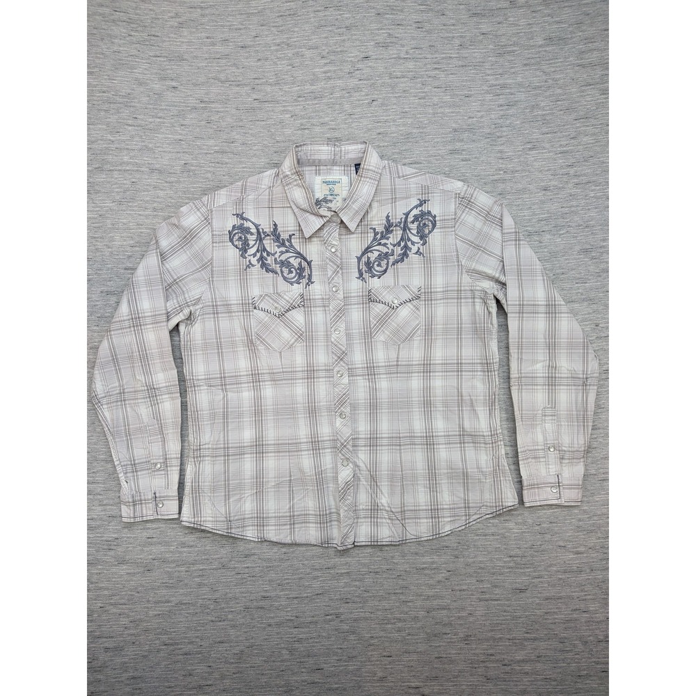 Panhandle Pearl Snap Shirt Womens XL Gray Plaid Embroidered Western‎ Rodeo